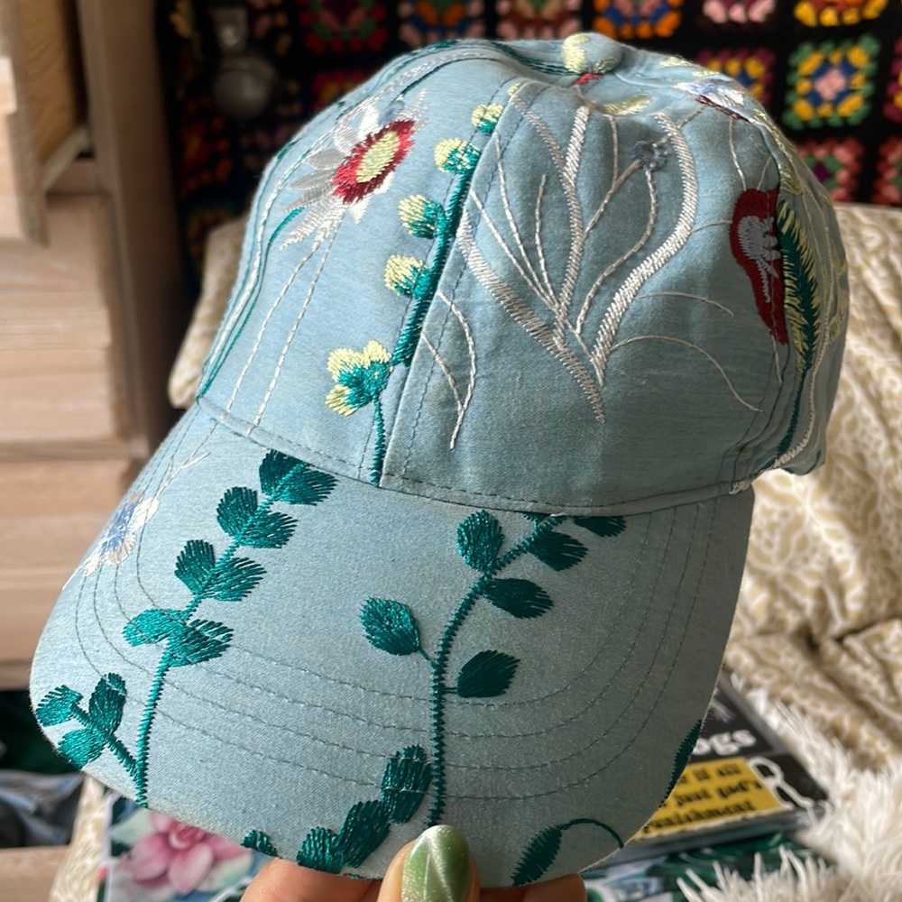 Embroidered blue denim floral hat Steve Madden